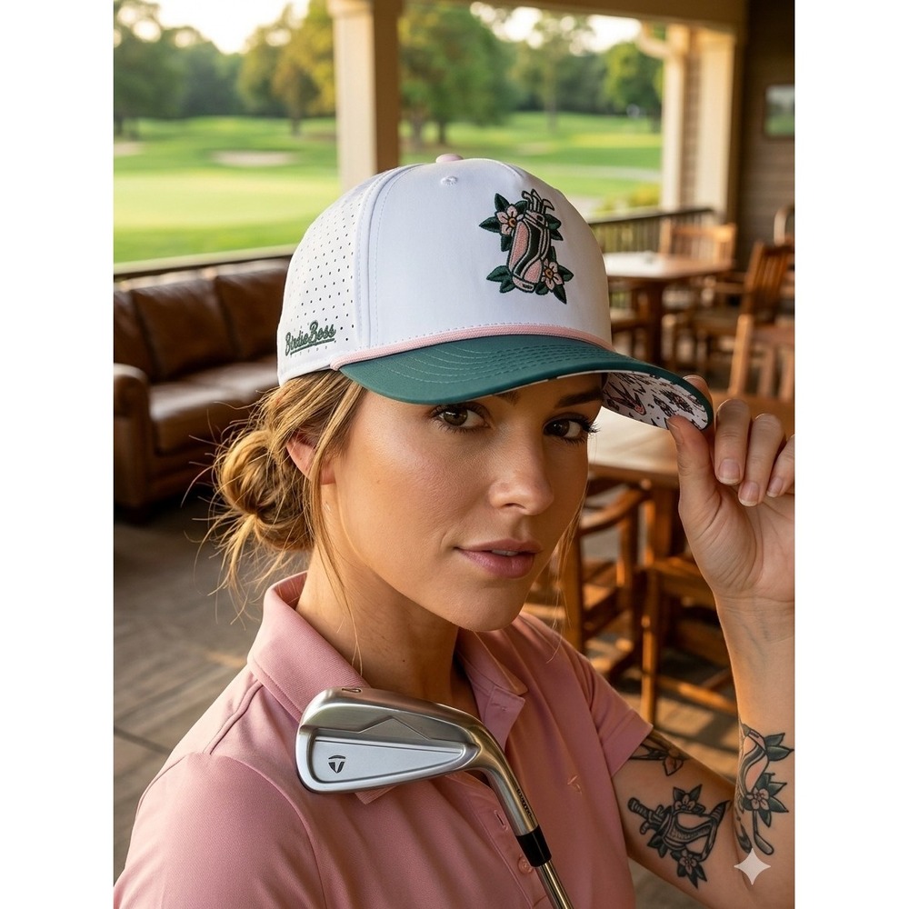 Birdie Boss Retro Tattoo Golf Hat Snapback White Green Pink Floral Golf Bag